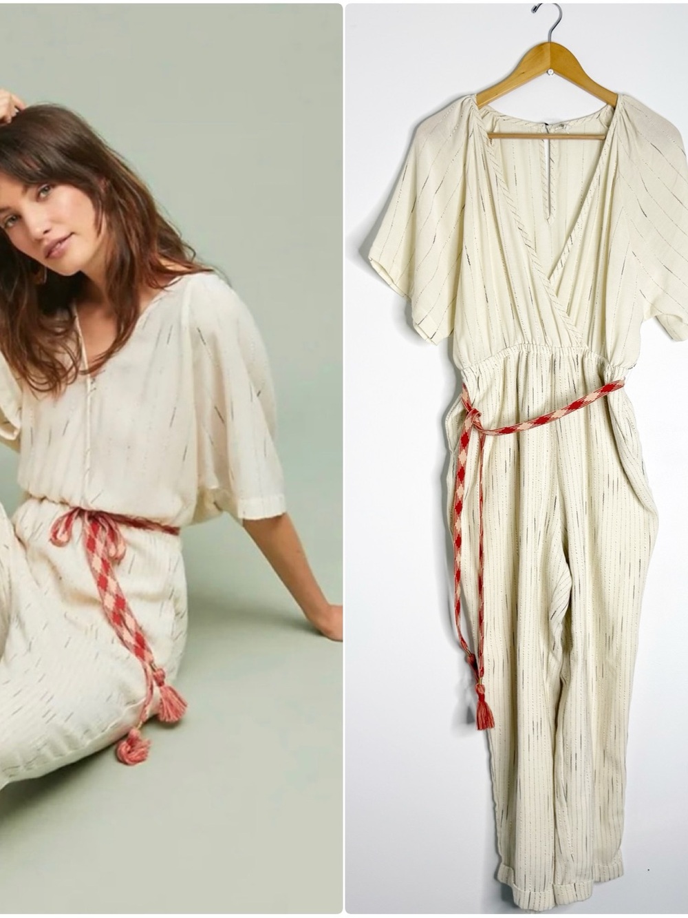 Feather Bone Anthropologie Ivory Belted Jumpsuit Medium Petite MP
